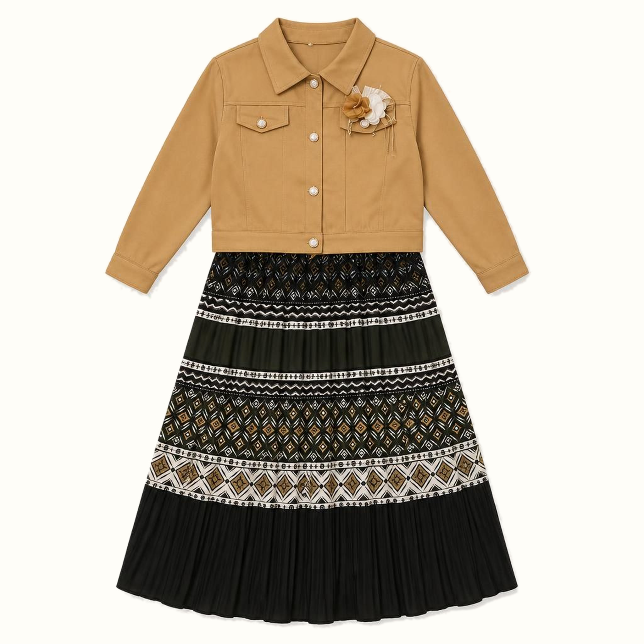 Girls' Cropped Jacket & Geometric Print Maxi Dress Set - BX-22N235