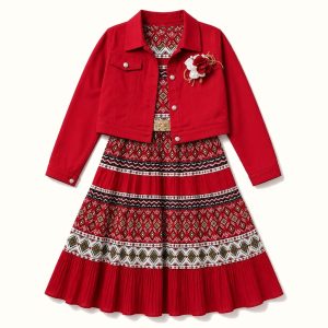 Girls' Cropped Jacket & Geometric Print Maxi Dress Set - BX-22N235