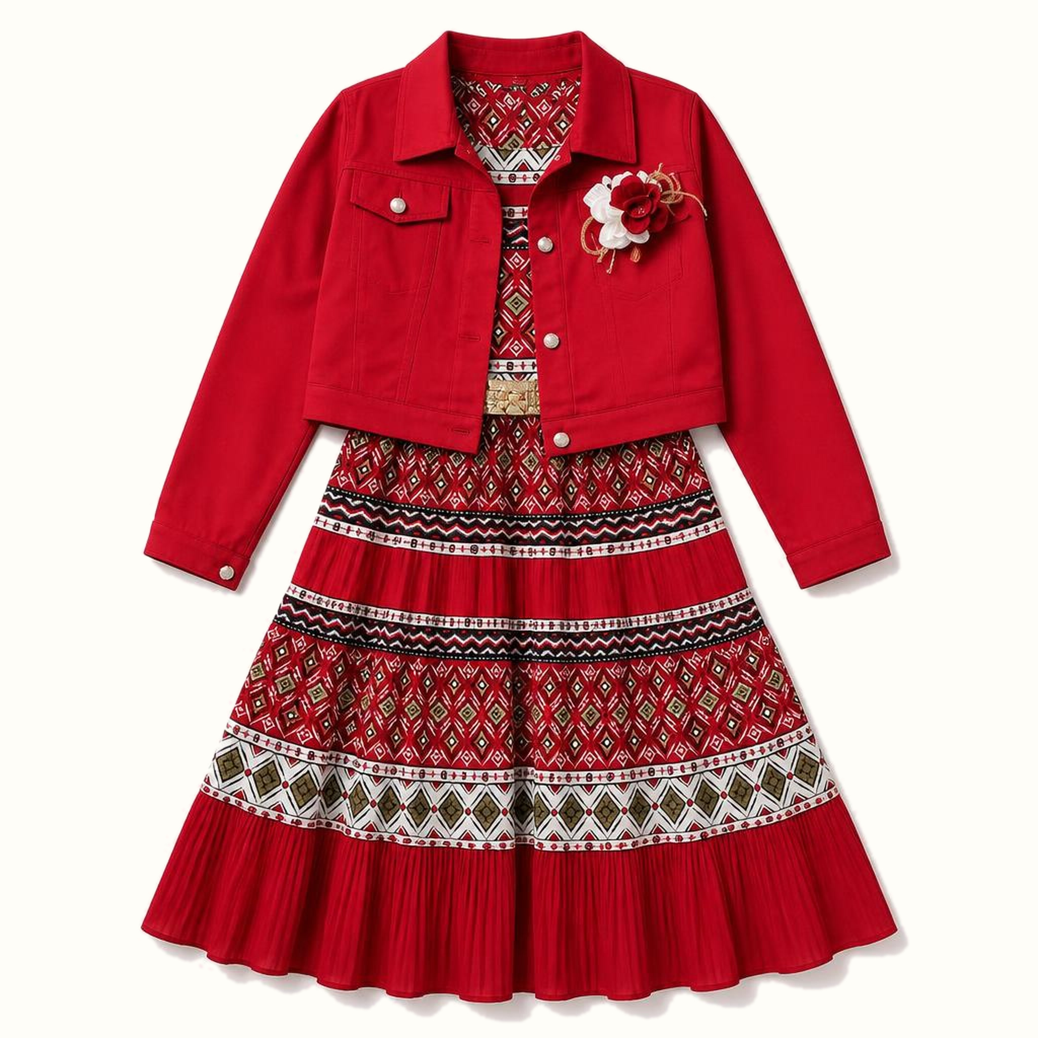 Girls' Cropped Jacket & Geometric Print Maxi Dress Set - BX-22N235