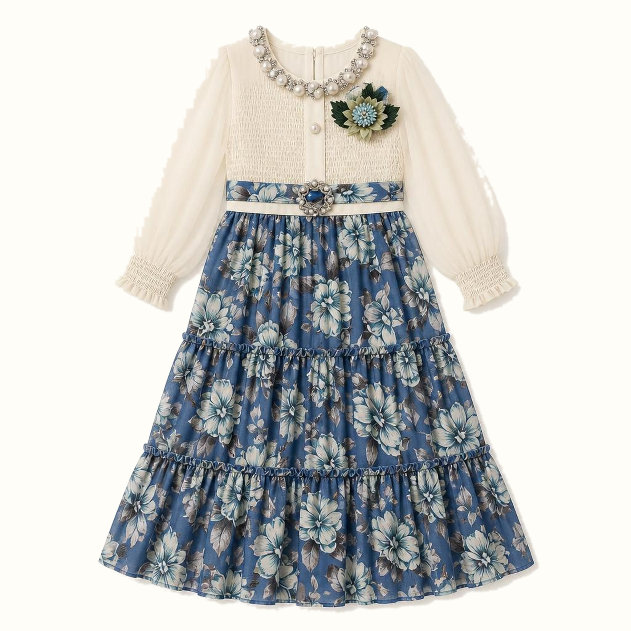 Girls' Pearl-Trim Floral Tiered Maxi Dress - BX-22N236