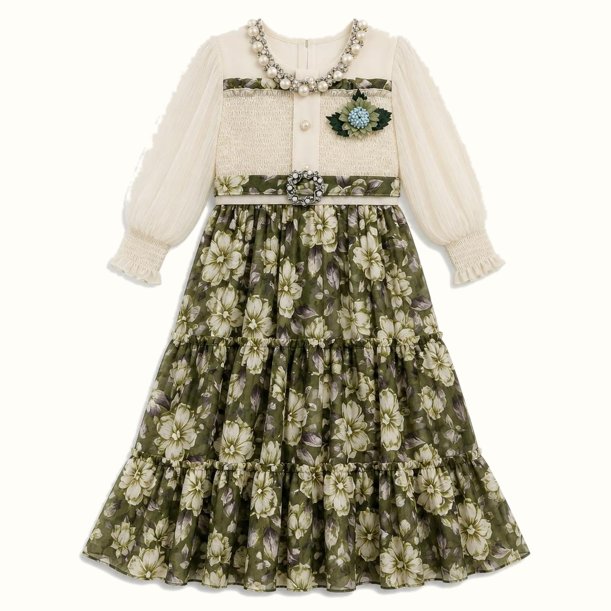 Girls' Pearl-Trim Floral Tiered Maxi Dress - BX-22N236