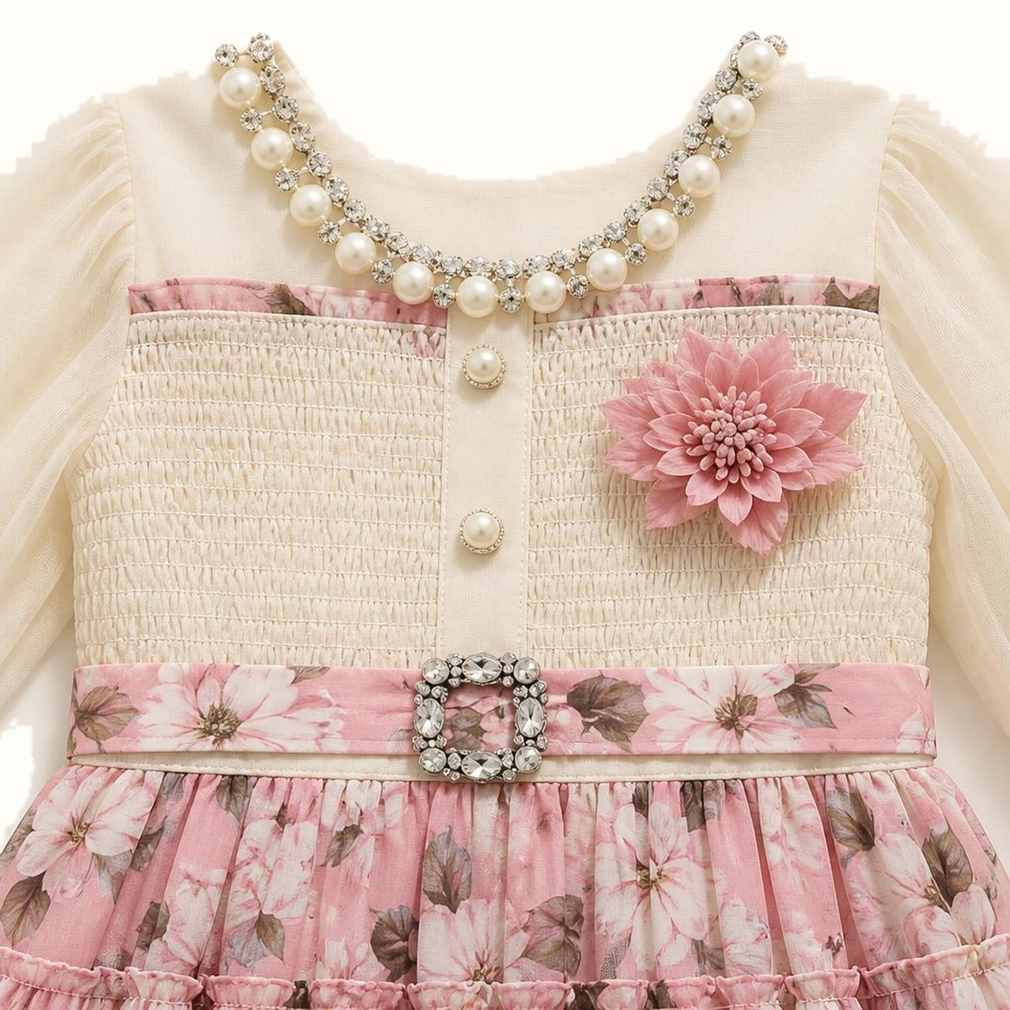 Girls' Pearl-Trim Floral Tiered Maxi Dress - BX-22N236
