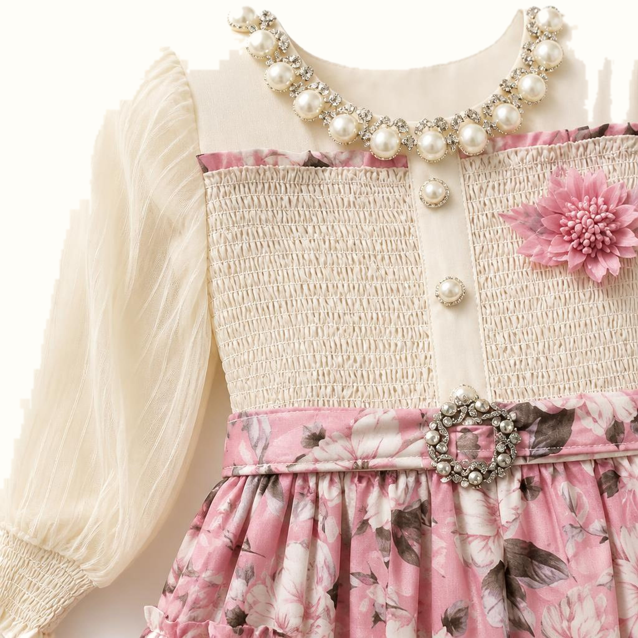 Girls' Pearl-Trim Floral Tiered Maxi Dress - BX-22N236