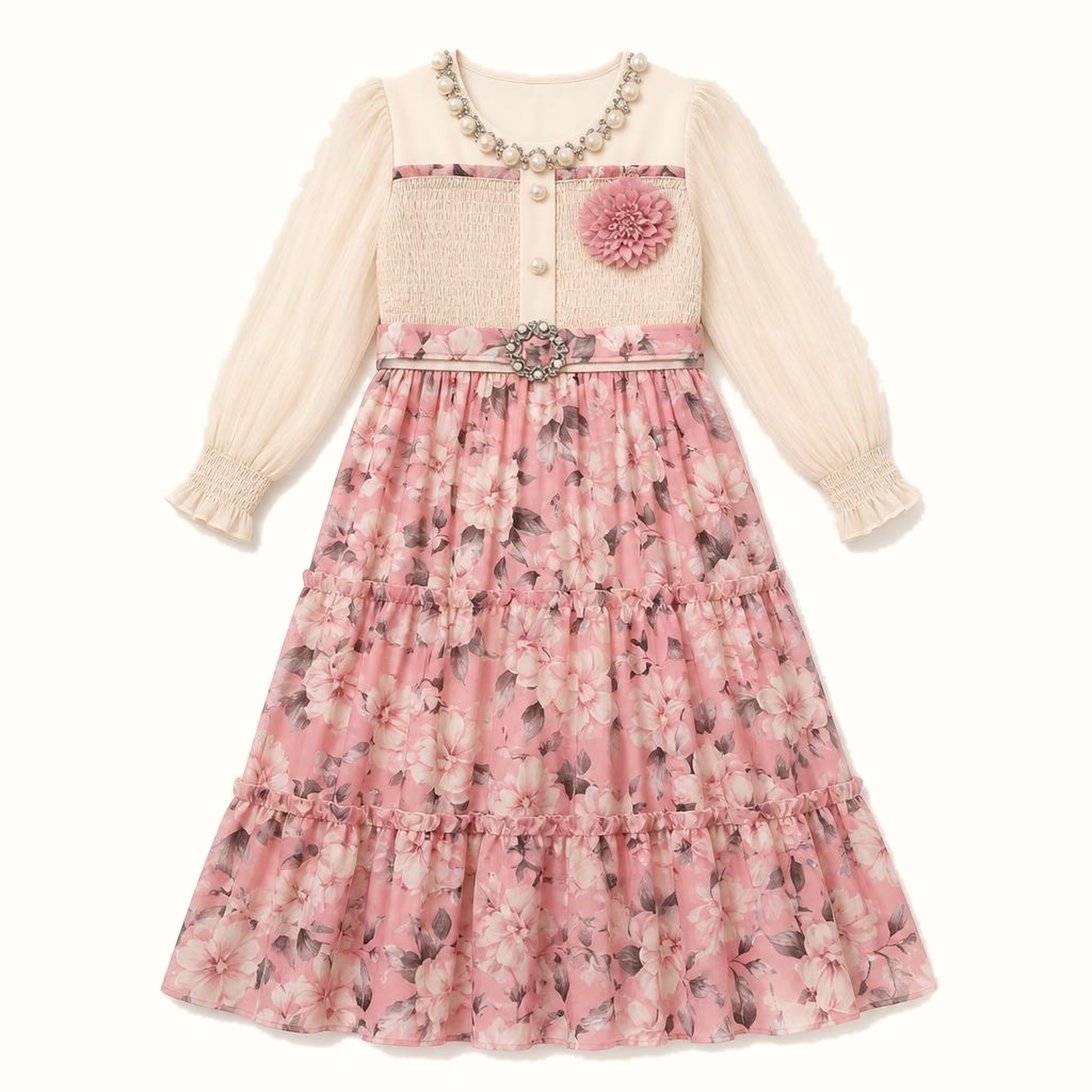 Girls' Pearl-Trim Floral Tiered Maxi Dress - BX-22N236