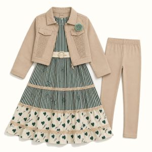 Girls' Textured Cropped Jacket, Heart-Print Maxi Dress & Leggings Set - BX-22N301