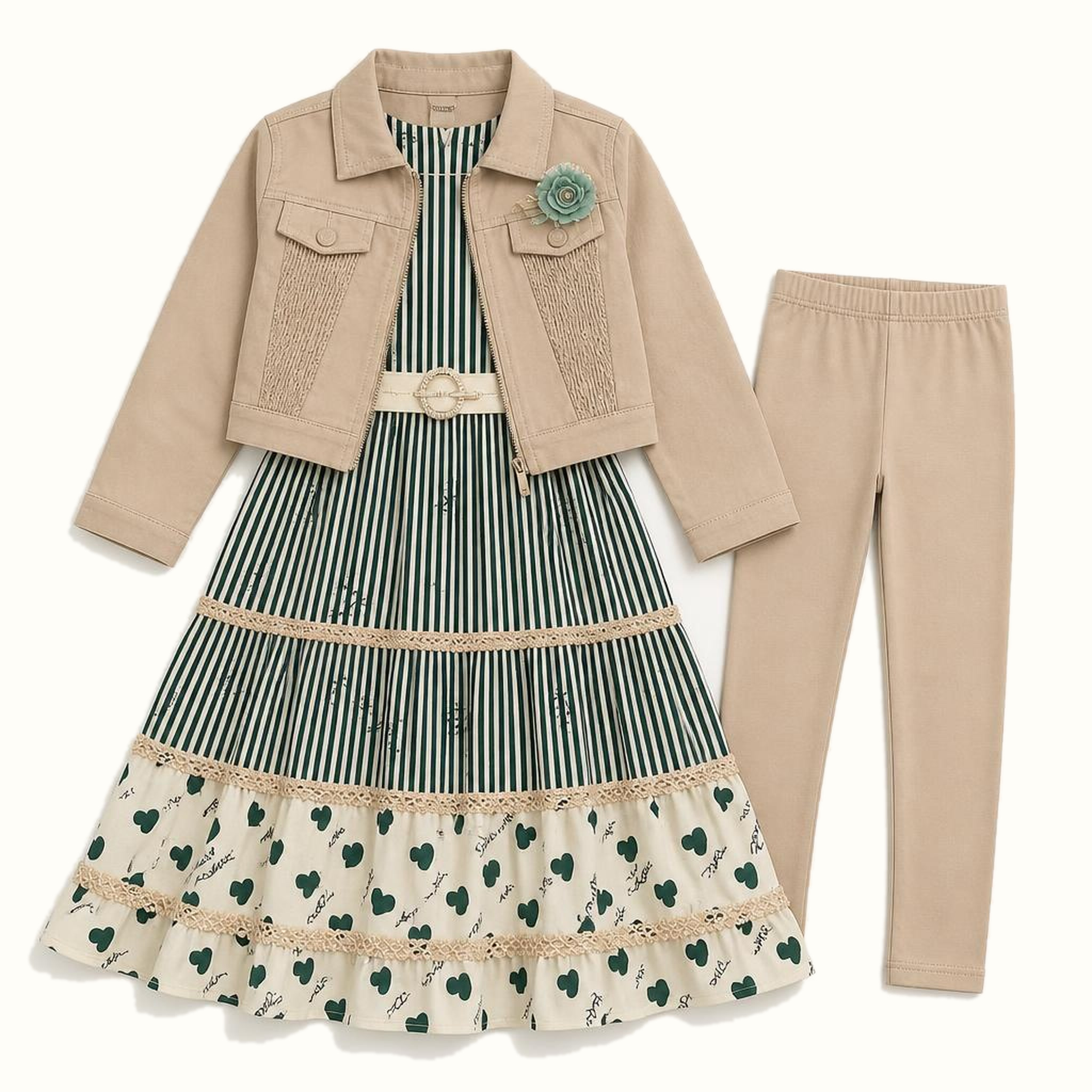 Girls' Textured Cropped Jacket, Heart-Print Maxi Dress & Leggings Set - BX-22N301