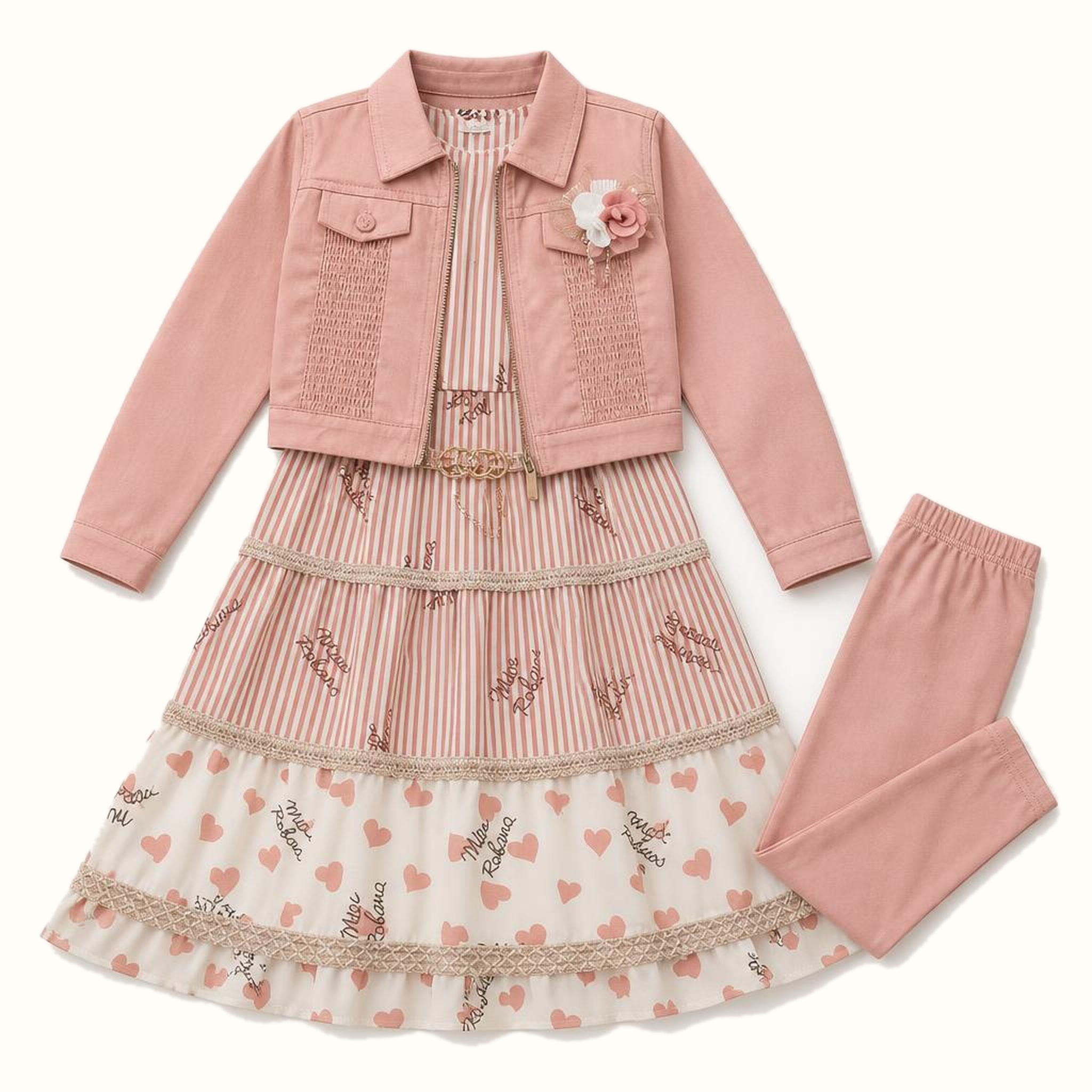 Girls' Textured Cropped Jacket, Heart-Print Maxi Dress & Leggings Set - BX-22N301