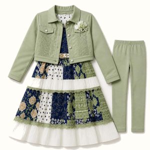Girls' Textured Cropped Jacket, Patchwork Maxi Dress & Leggings Set - BX-22N305