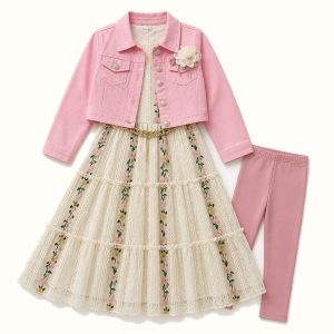 Girls' Cropped Jacket, Floral Embroidered Lace Maxi Dress & Leggings Set - BX-22N311