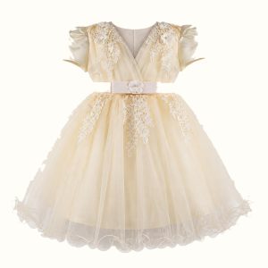 Girls' Floral Lace-Trim Tulle Dress — M-111