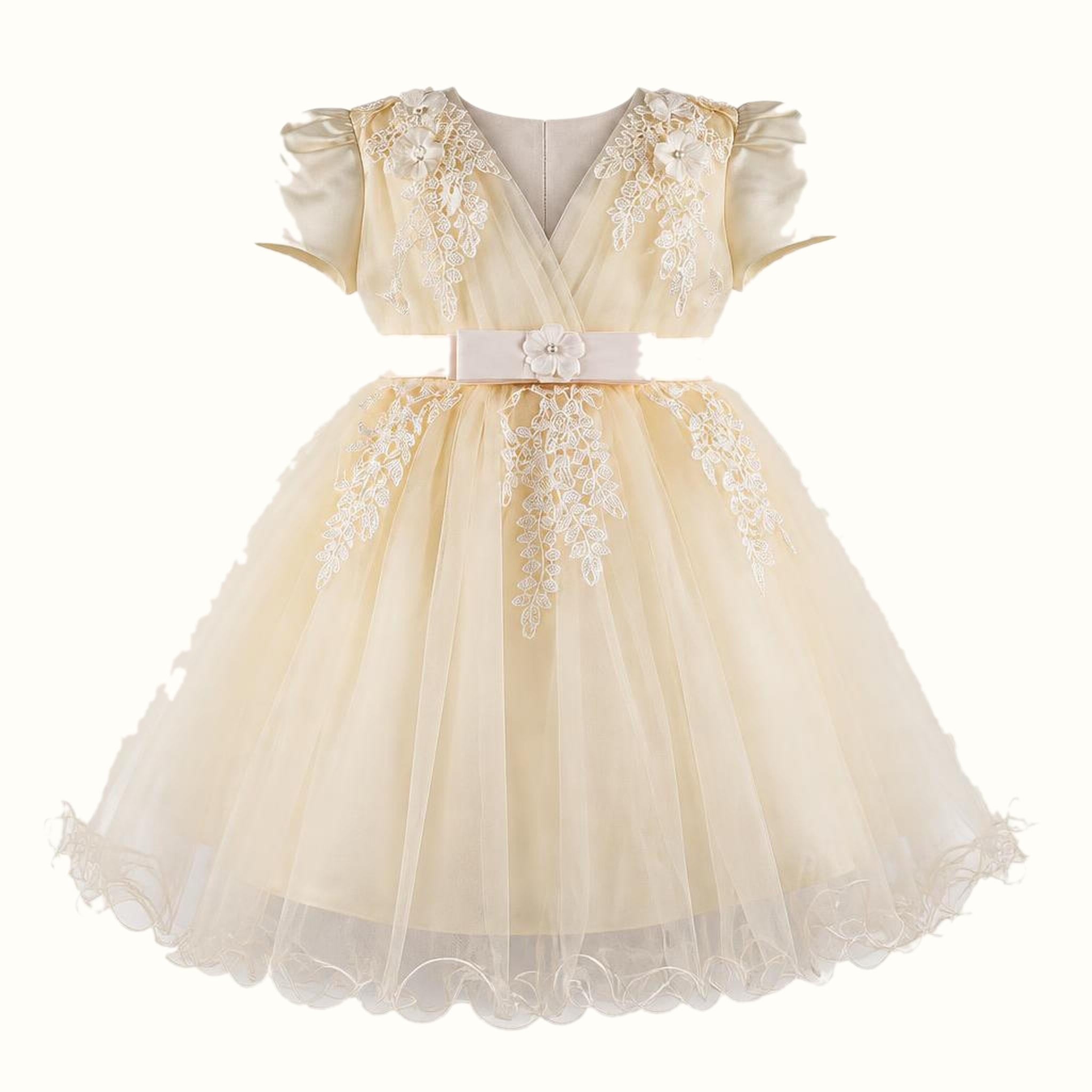 Girls' Floral Lace-Trim Tulle Dress — M-111