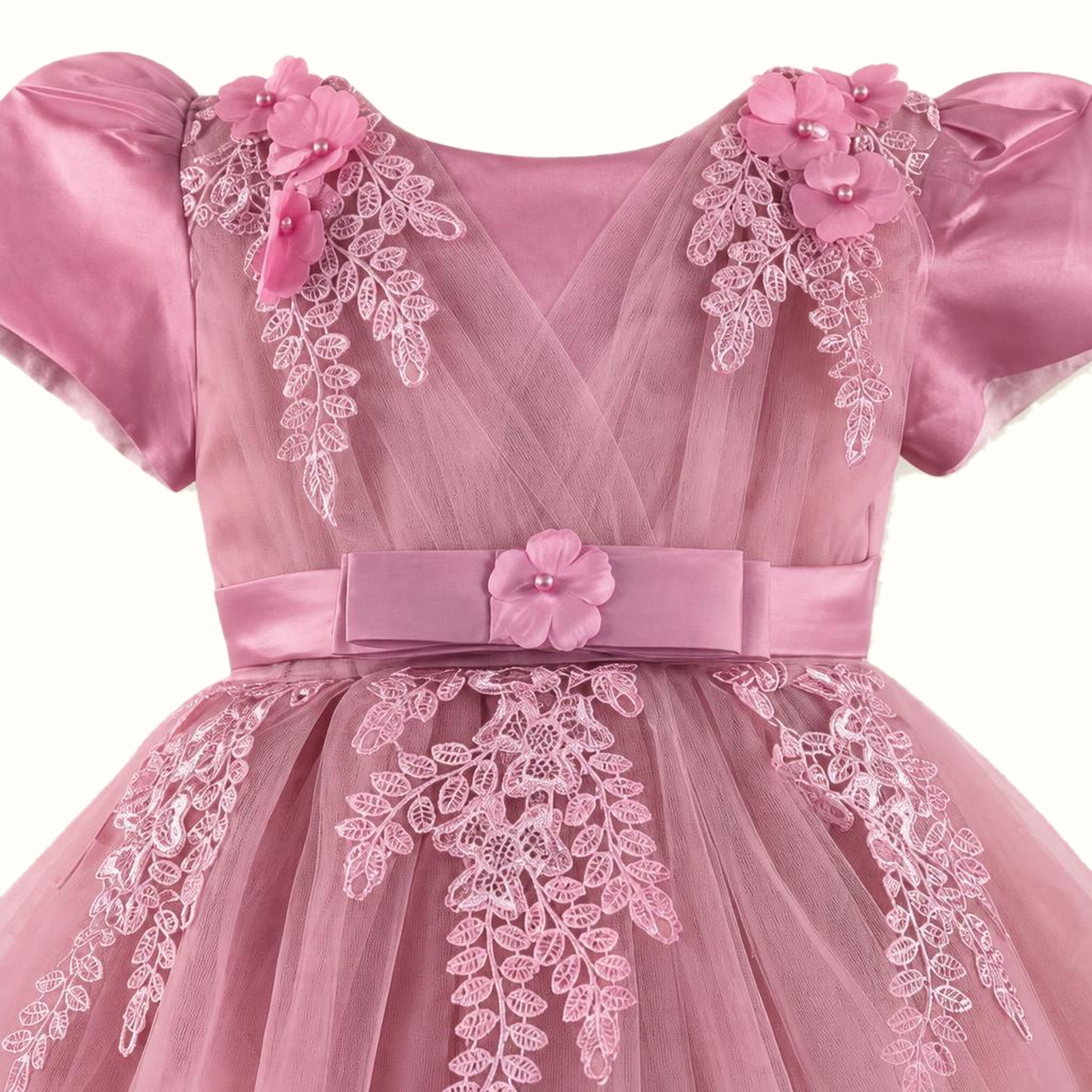 Girls' Floral Lace-Trim Tulle Dress — M-111