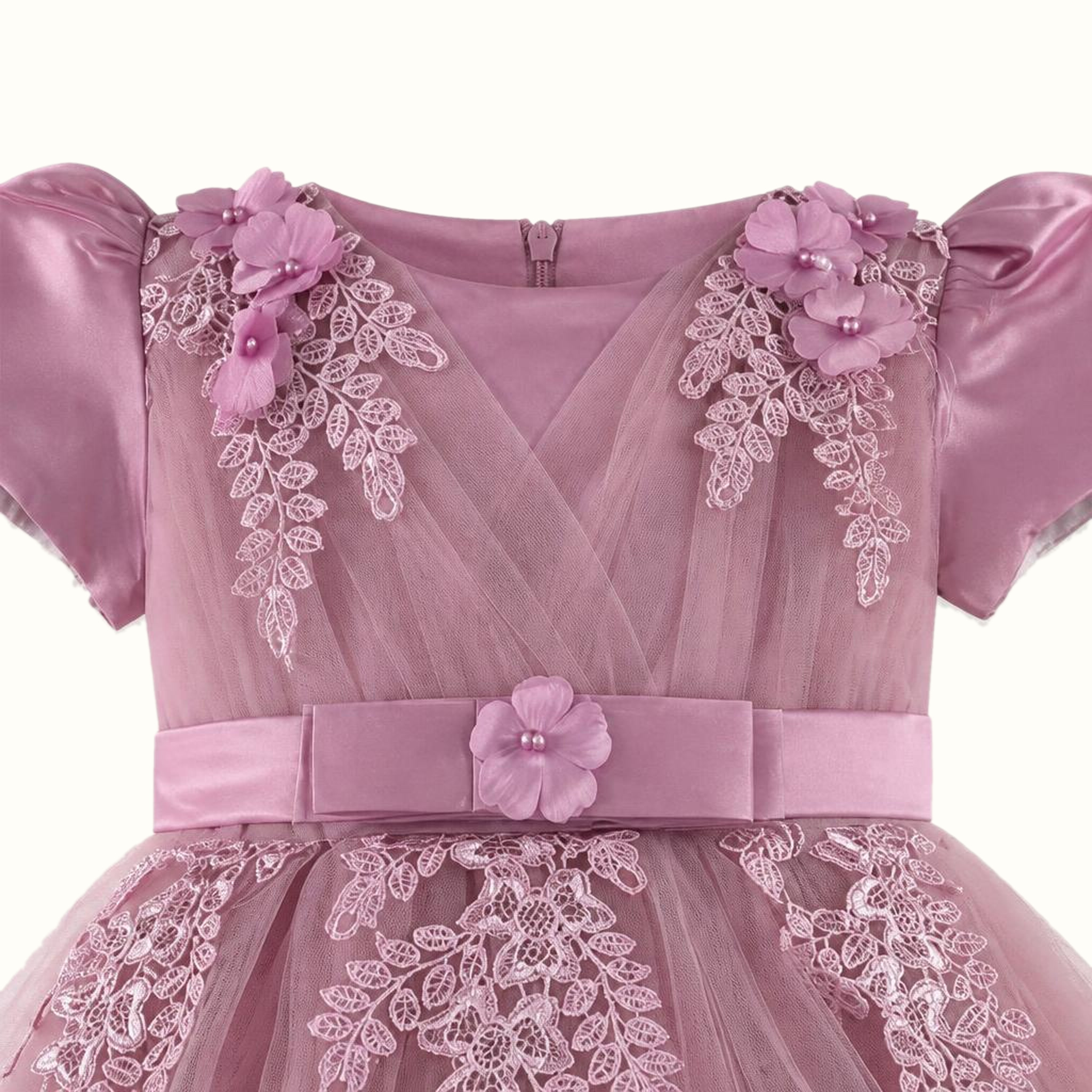 Girls' Floral Lace-Trim Tulle Dress — M-111
