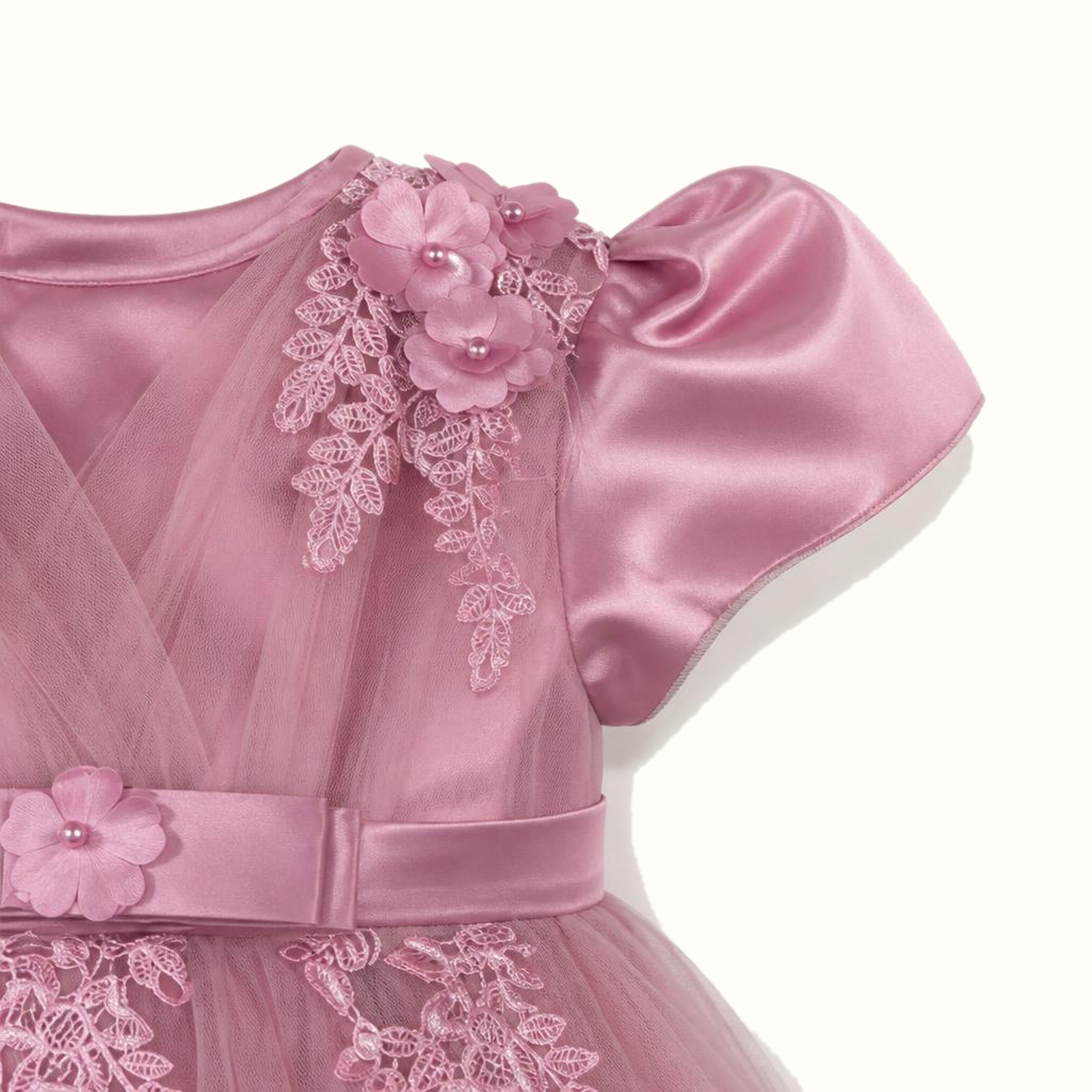 Girls' Floral Lace-Trim Tulle Dress — M-111