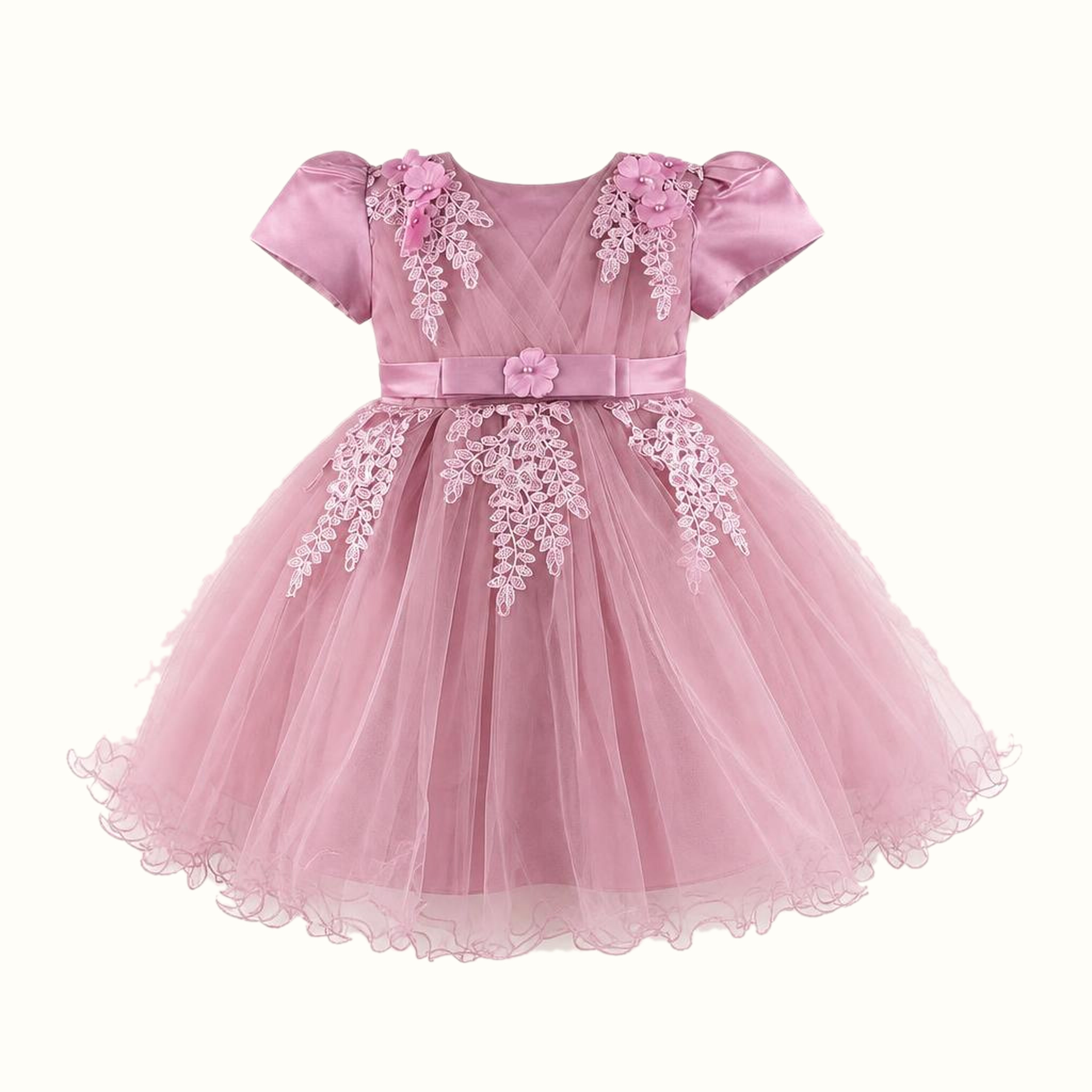 Girls' Floral Lace-Trim Tulle Dress — M-111