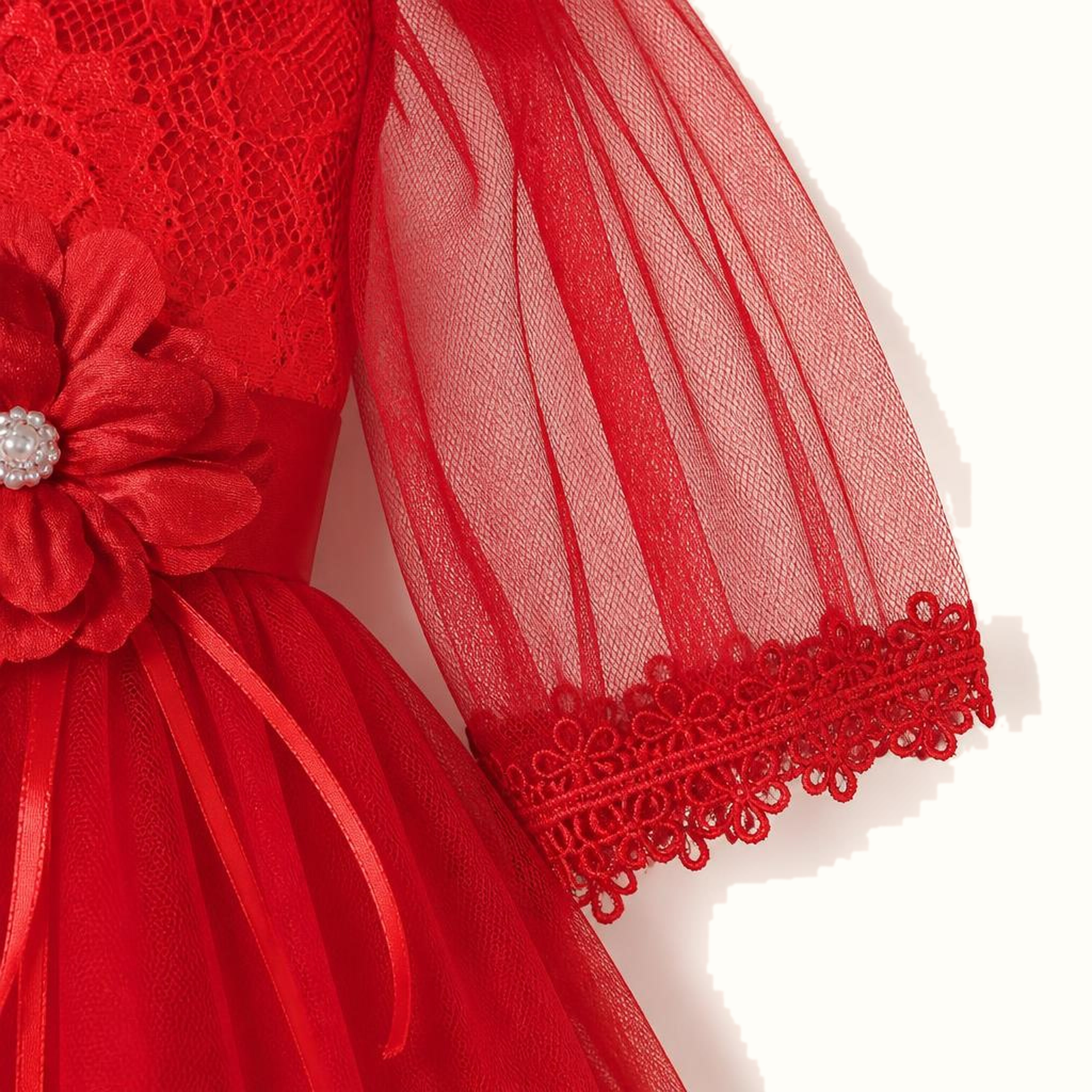 Girls' Floral Lace-Trim Tulle Dress - M-80777