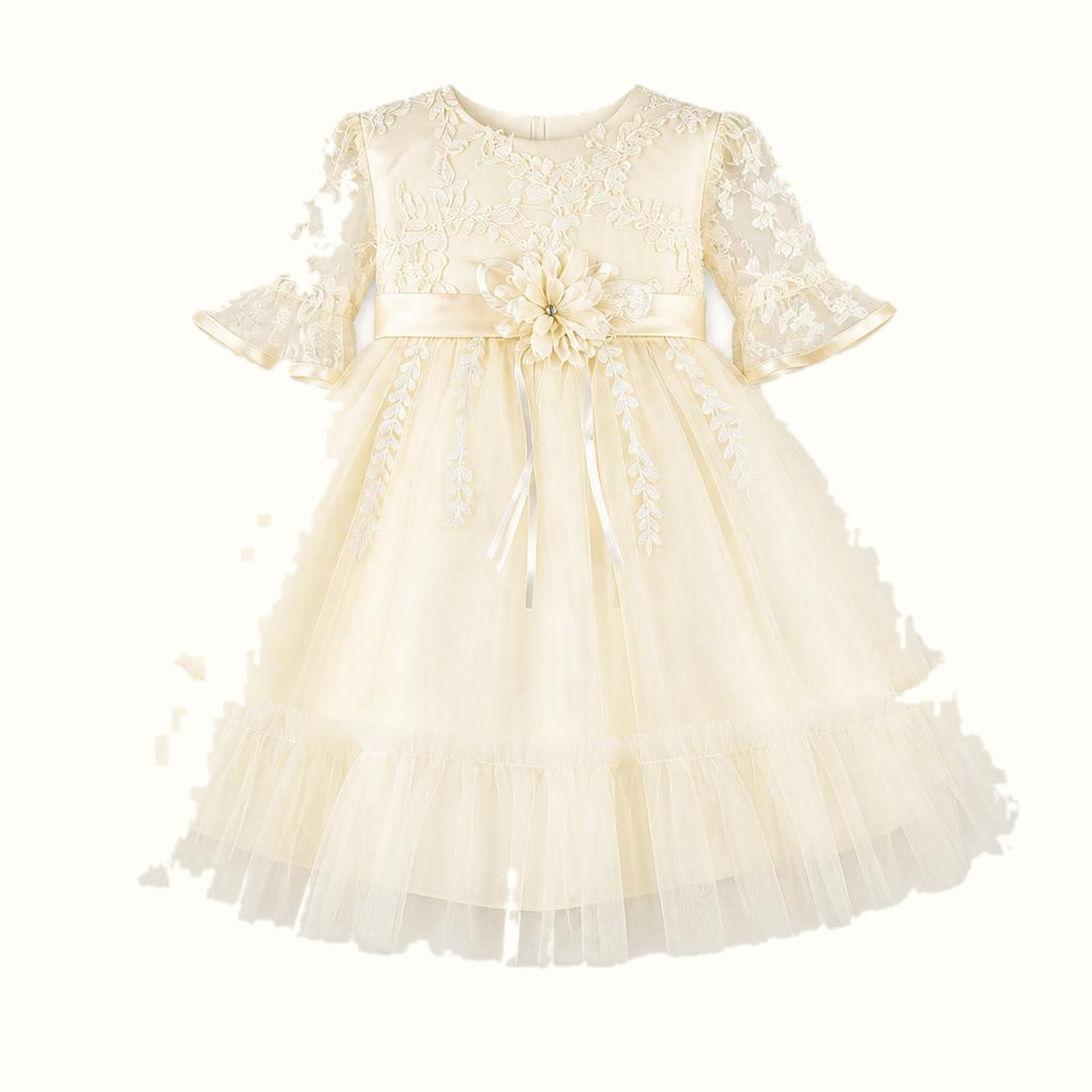 Girls' Floral Lace-Trim Bow-Detail Dress - M-8095