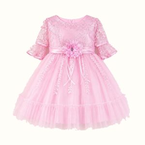 Girls' Floral Lace-Trim Bow-Detail Dress - M-8095