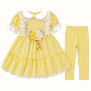 Girls' Peter Pan Collar Lace Swiss-Dot Dress & Leggings Set - ZAH-1059
