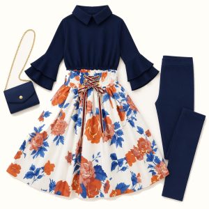 Girls' Collared Blouse, Floral Skirt, Corset Belt, Mini Bag & Leggings Set - ZAH-1119