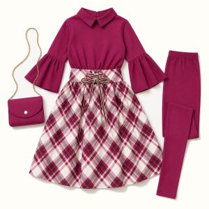 Girls' Collared Blouse, Plaid Skirt, Corset Belt, Mini Bag & Leggings Set - ZAH-1130