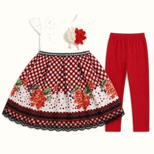 Girls' Lace-Bodice Gingham Floral Dress & Leggings Set - ZAH-1161