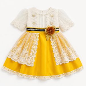 Girls' Pearl-Trim Lace Overlay Satin Party Dress - ZAH-1165