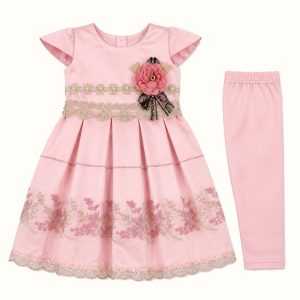 Girls' Embroidered Floral Party Dress & Matching Leggings Set - ZAH-1168