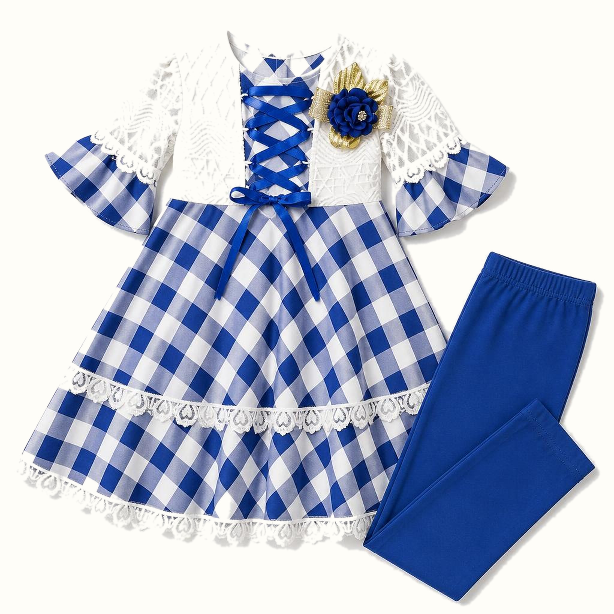 Girls' Gingham Lace Corset Dress & Matching Leggings Set - ZAH-1176