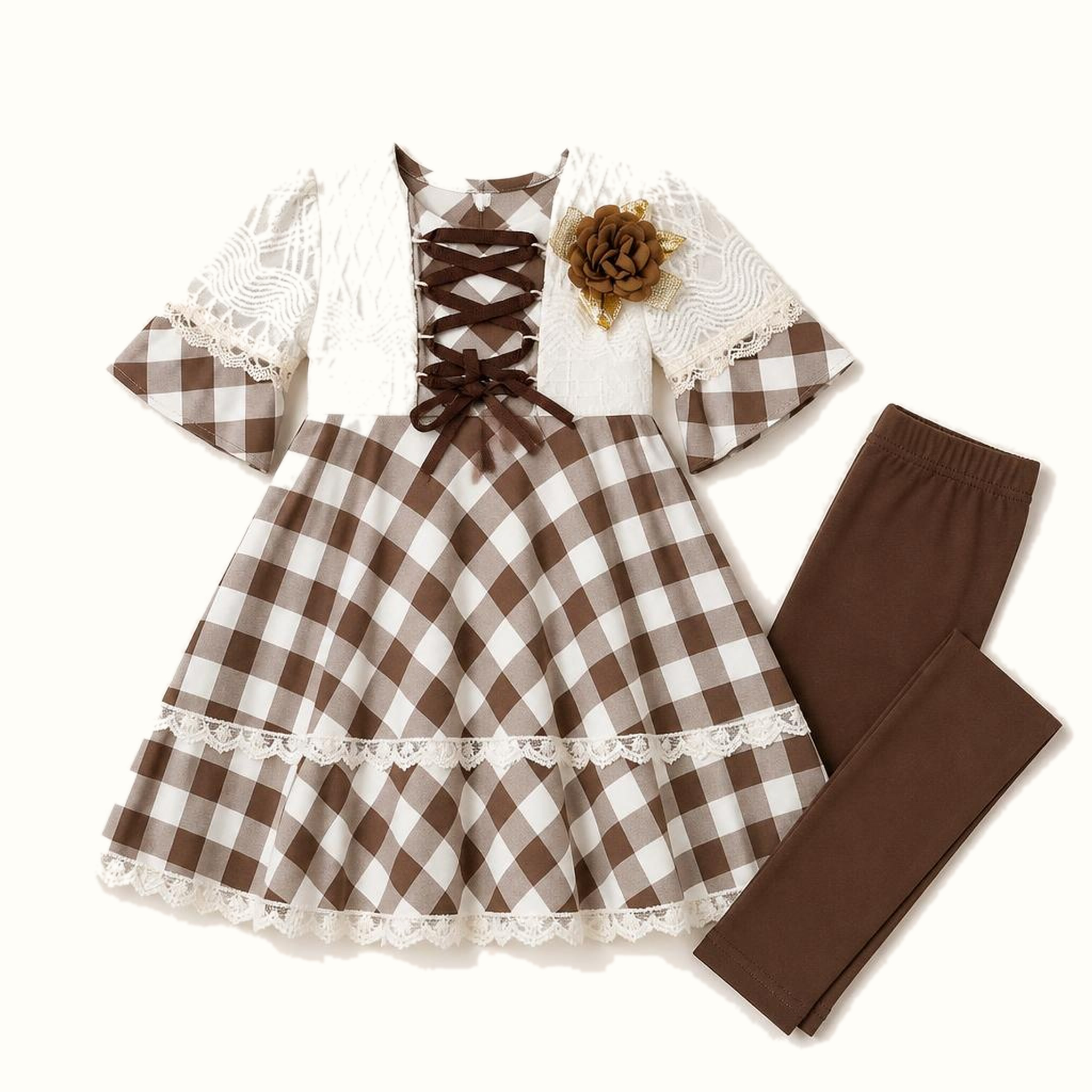 Girls' Gingham Lace Corset Dress & Matching Leggings Set - ZAH-1176