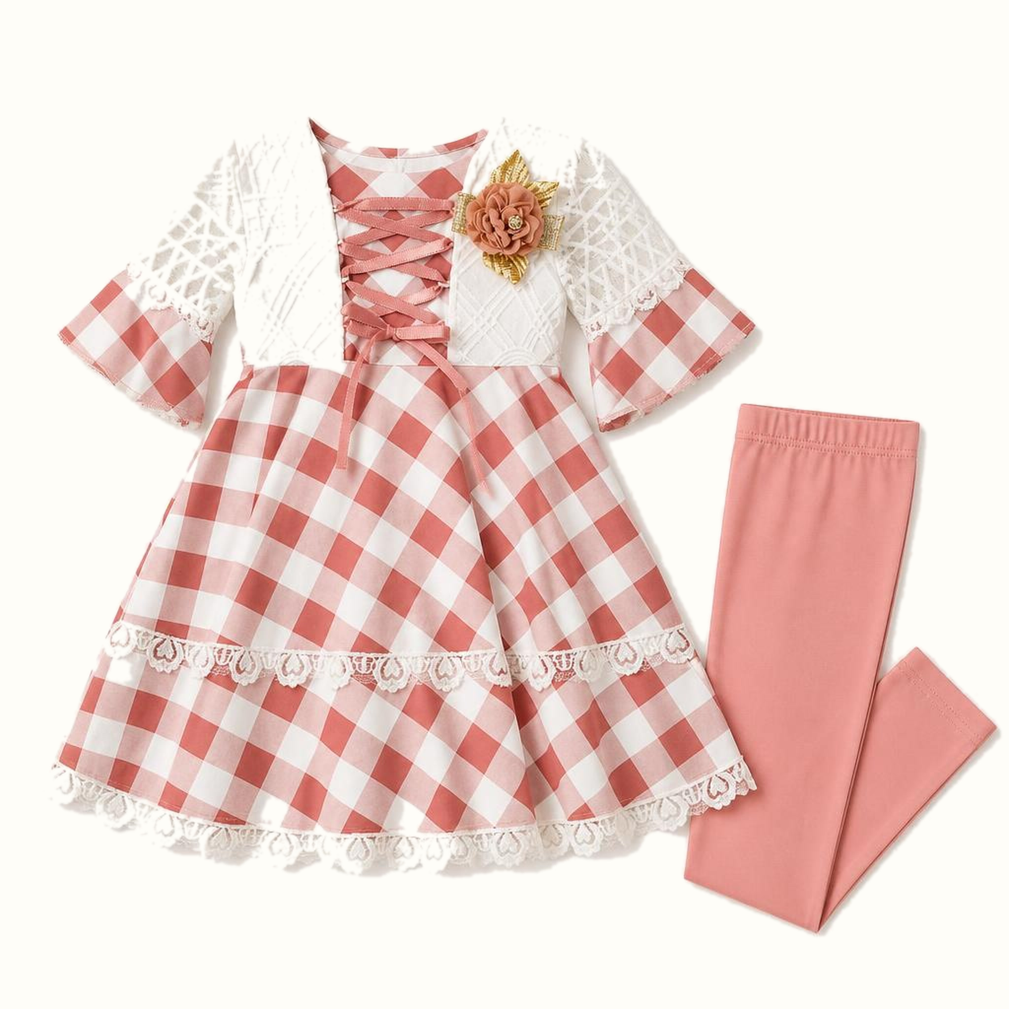 Girls' Gingham Lace Corset Dress & Matching Leggings Set - ZAH-1176