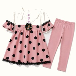 Girls' Polka-Dot Ruffle-Collar Dress & Matching Leggings Set - ZAH-1177