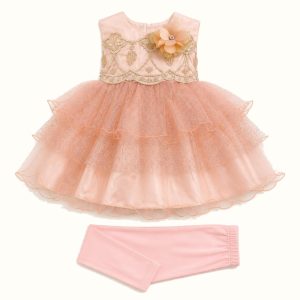 Girls' Gold Embroidered Glitter Tulle Dress Set - ZAH-1186