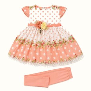 Girls' Polka Dot Floral Border Dress Set - ZAH-1187