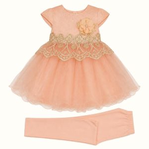 Girls' Gold Embroidered Tulle Party Dress Set - ZAH-1192