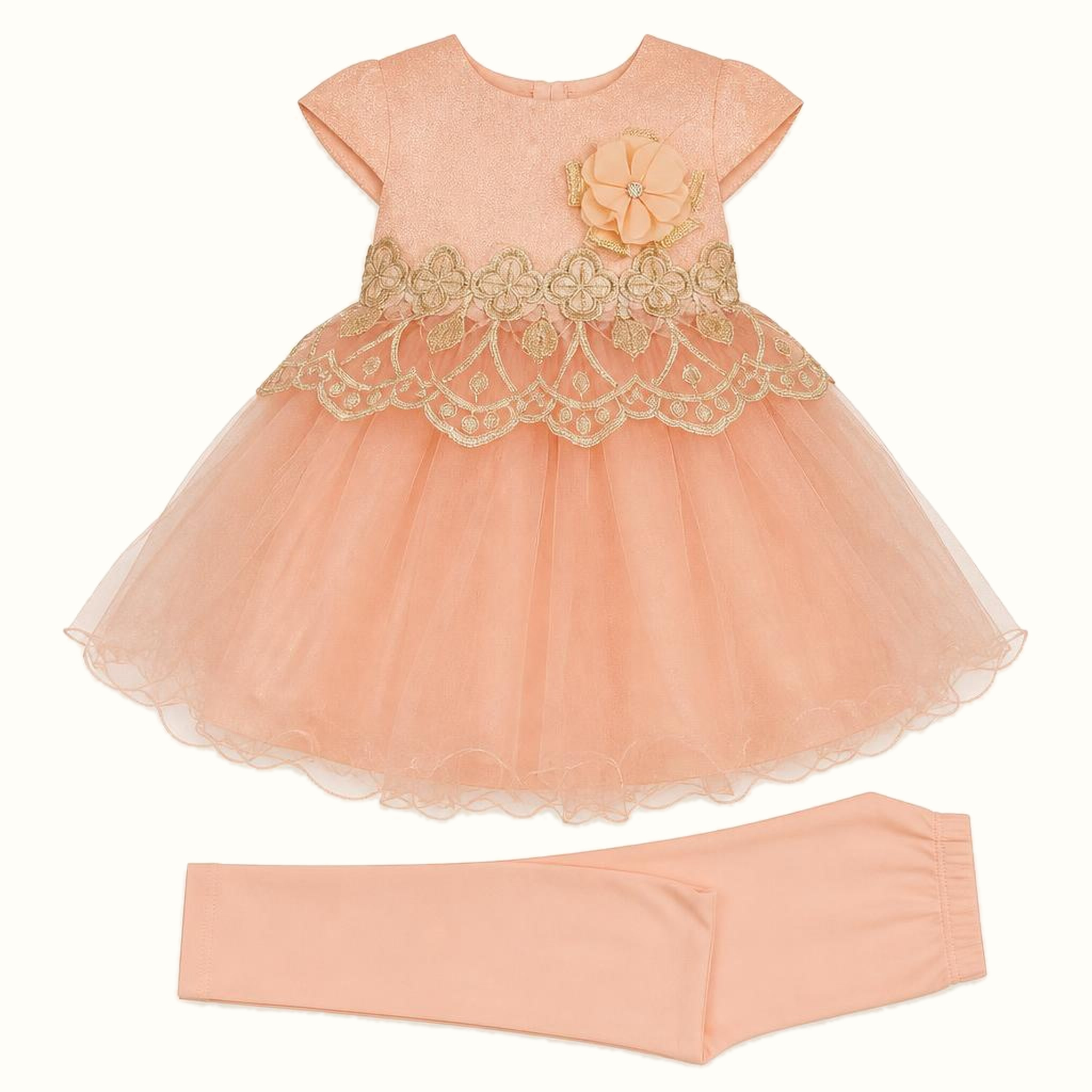 Girls' Gold Embroidered Tulle Party Dress Set - ZAH-1192