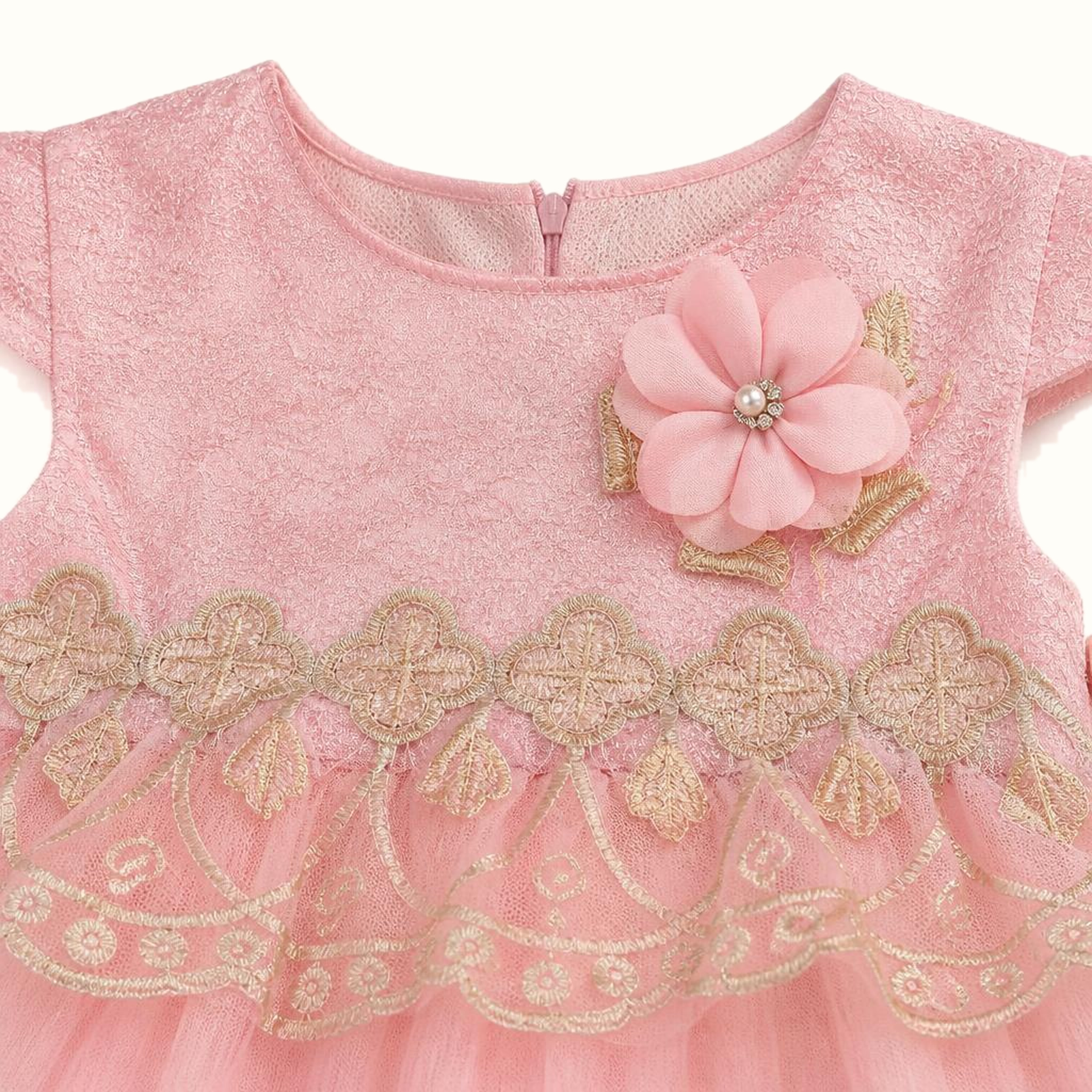 Girls' Gold Embroidered Tulle Party Dress Set - ZAH-1192