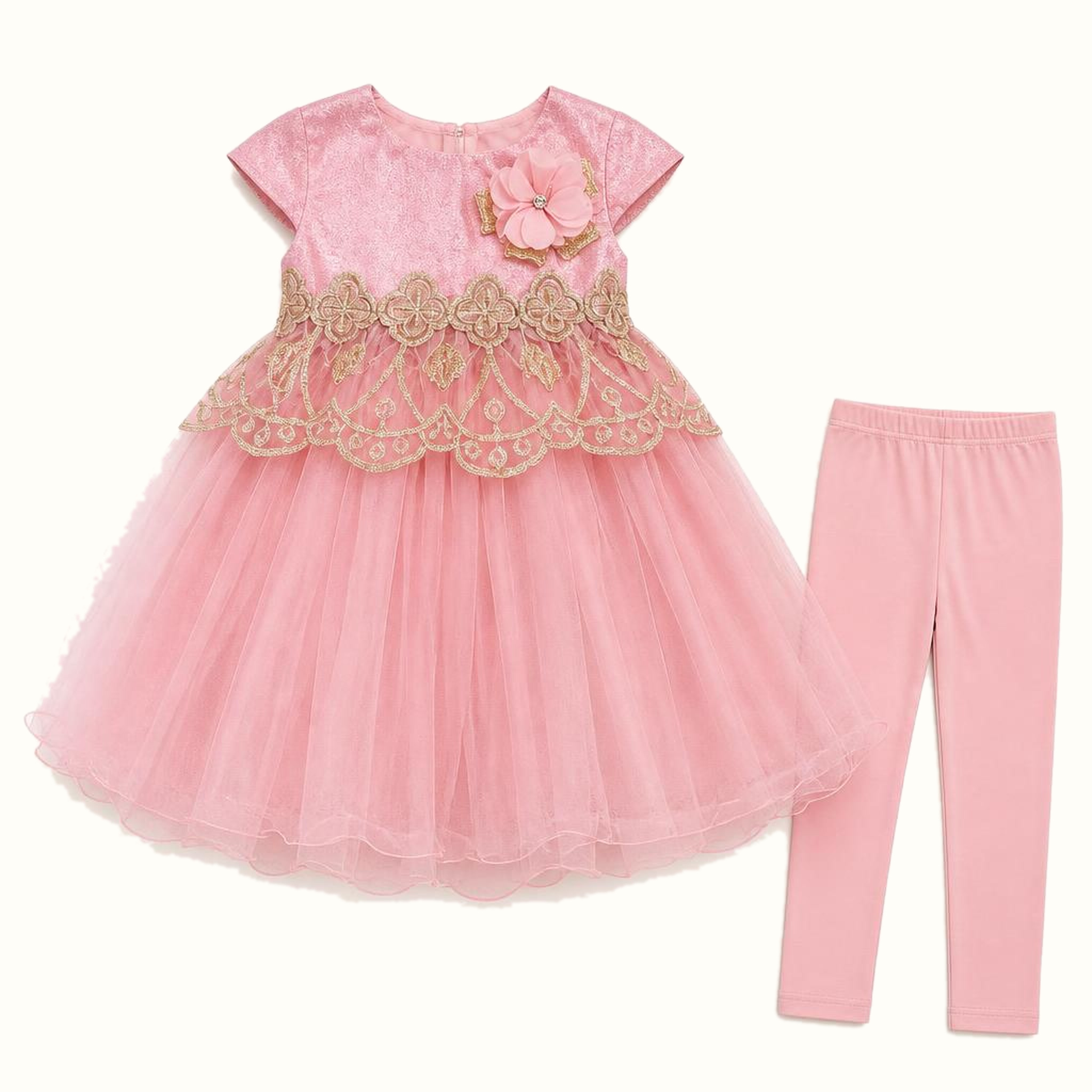 Girls' Gold Embroidered Tulle Party Dress Set - ZAH-1192
