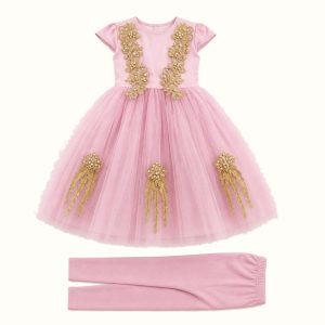 Girls' Gold Applique Long Tulle Gown Set - ZAH-1199