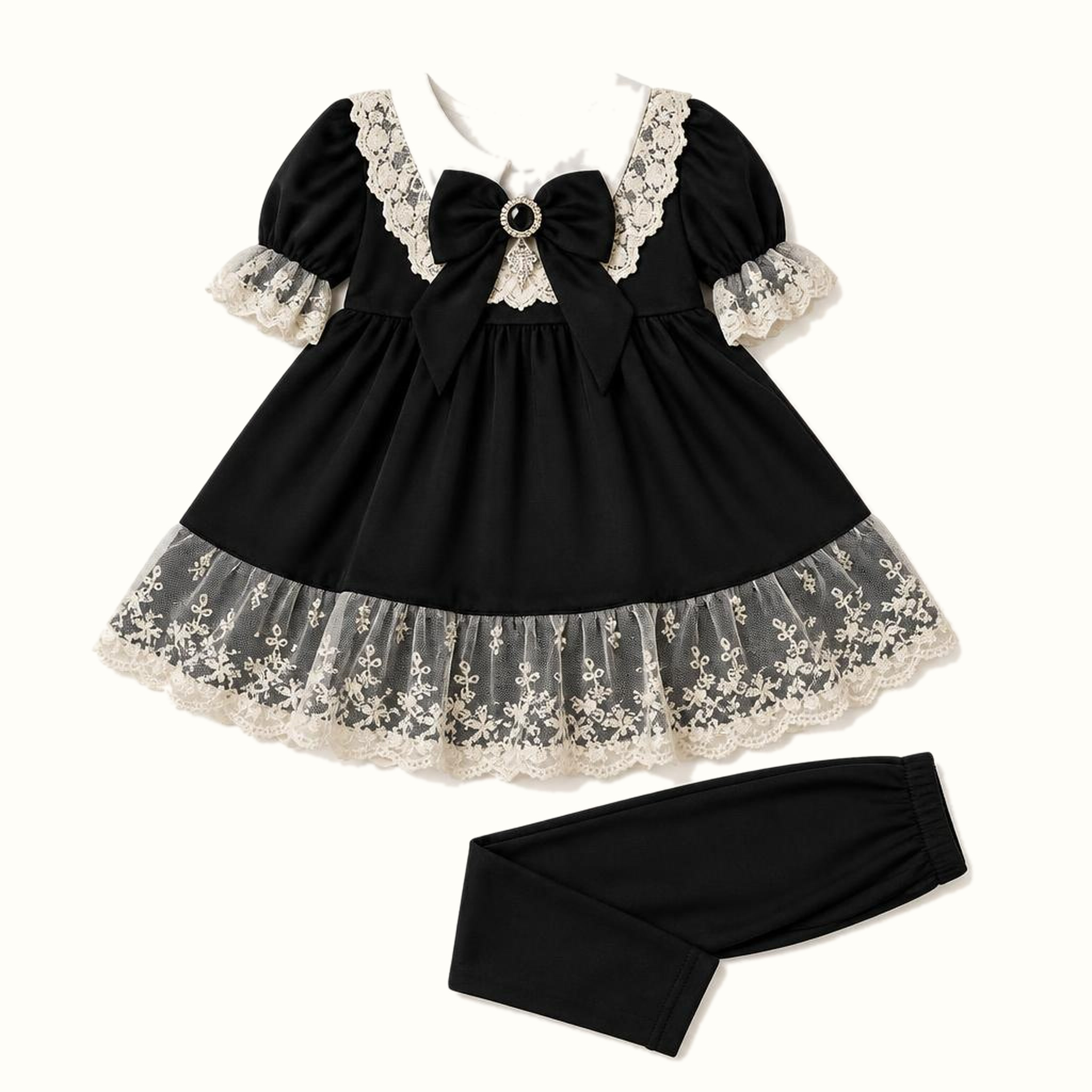 Girls' Vintage Lace Collar Satin Dress Set - ZAH-1201