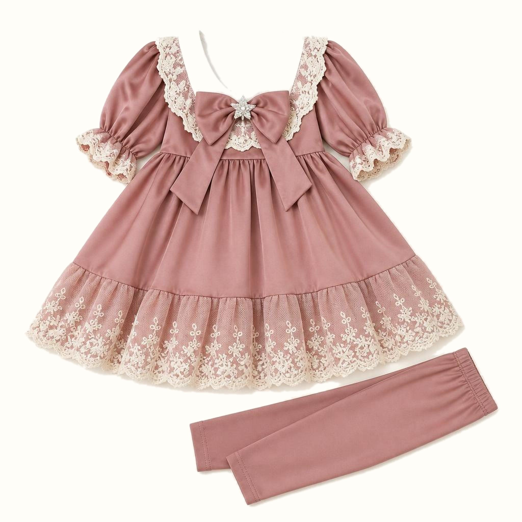 Girls' Vintage Lace Collar Satin Dress Set - ZAH-1201