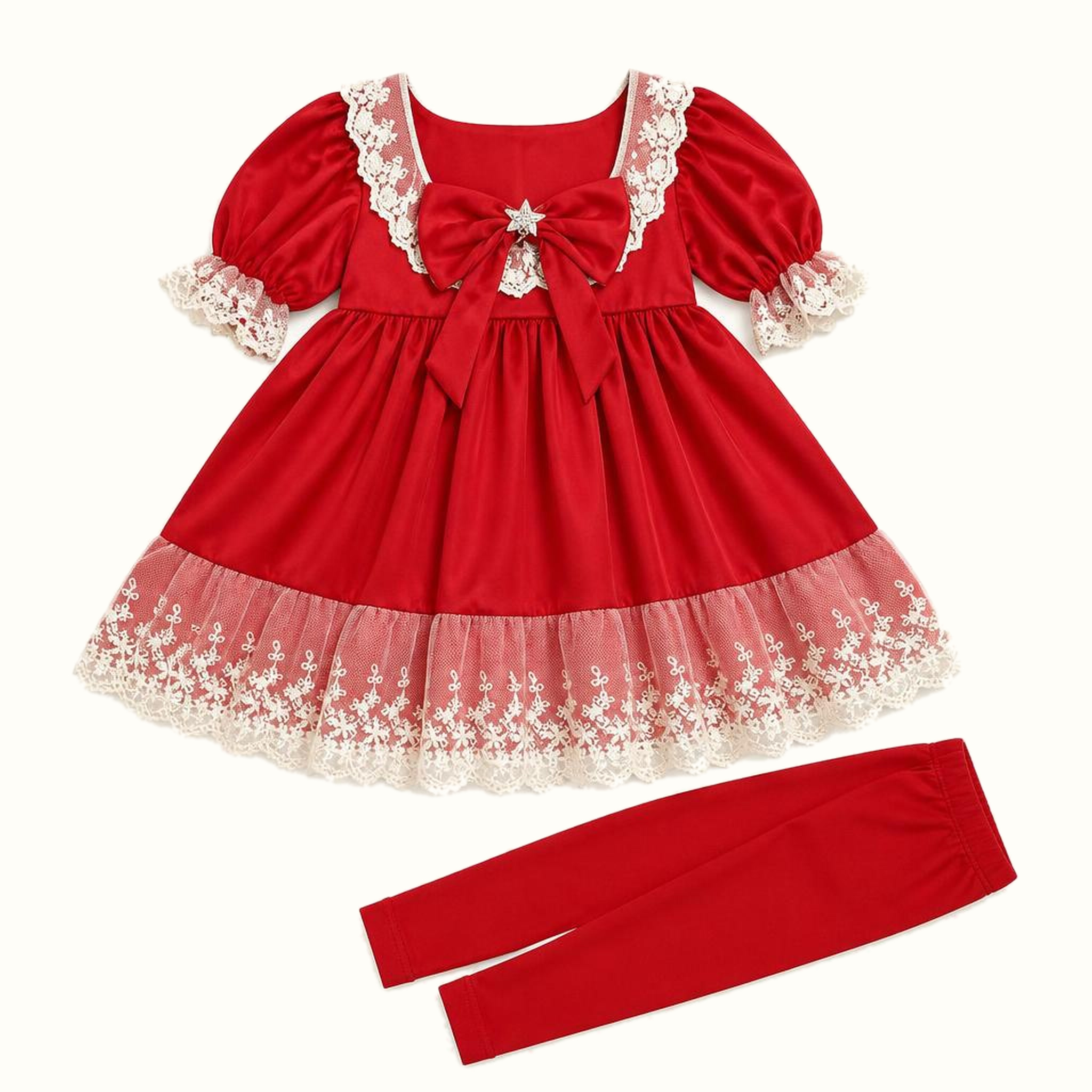 Girls' Vintage Lace Collar Satin Dress Set - ZAH-1201