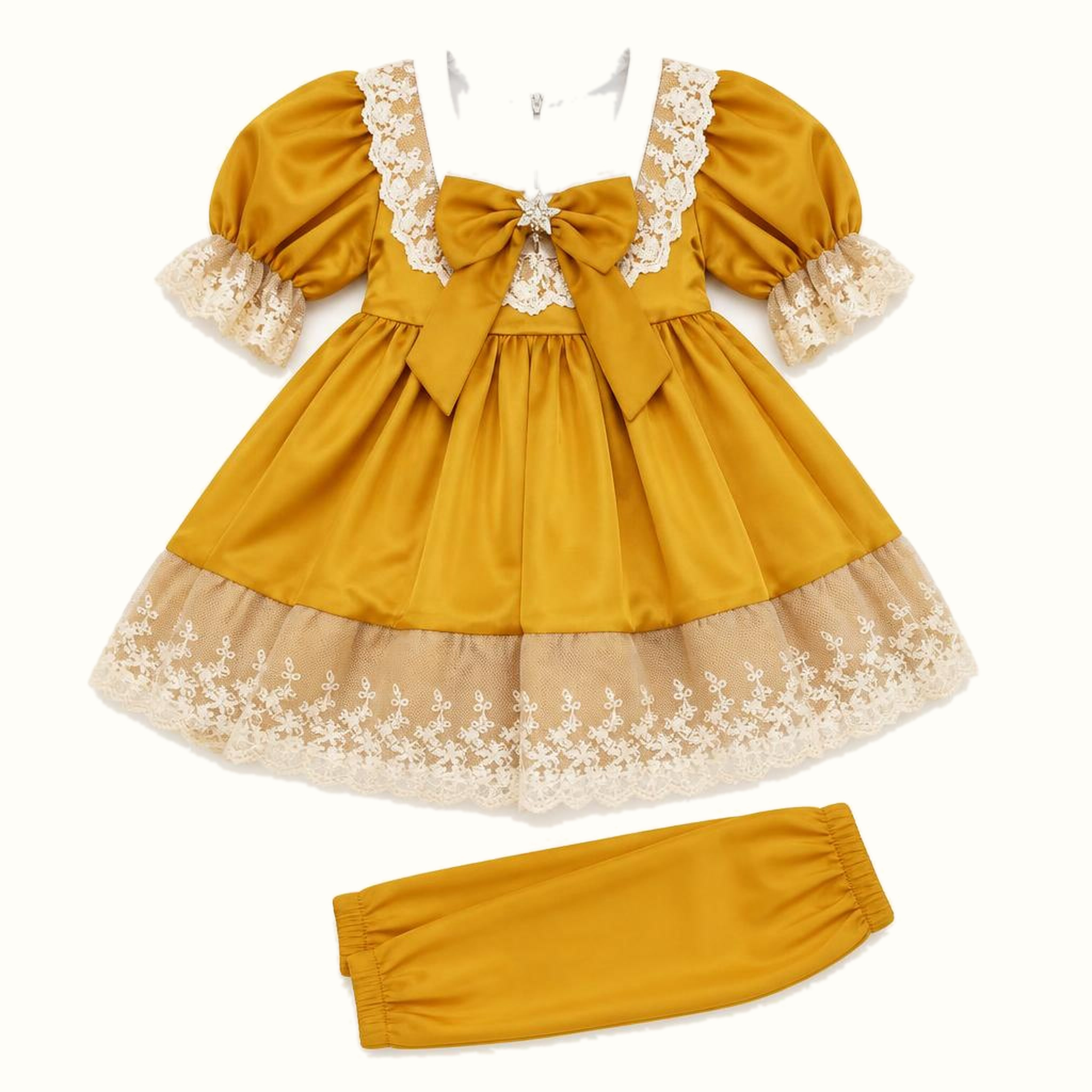 Girls' Vintage Lace Collar Satin Dress Set - ZAH-1201