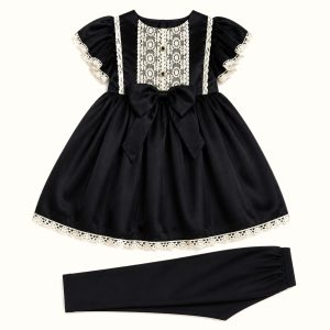 Girls' Lace Bib Bow Satin Dress Set - ZAH-1202