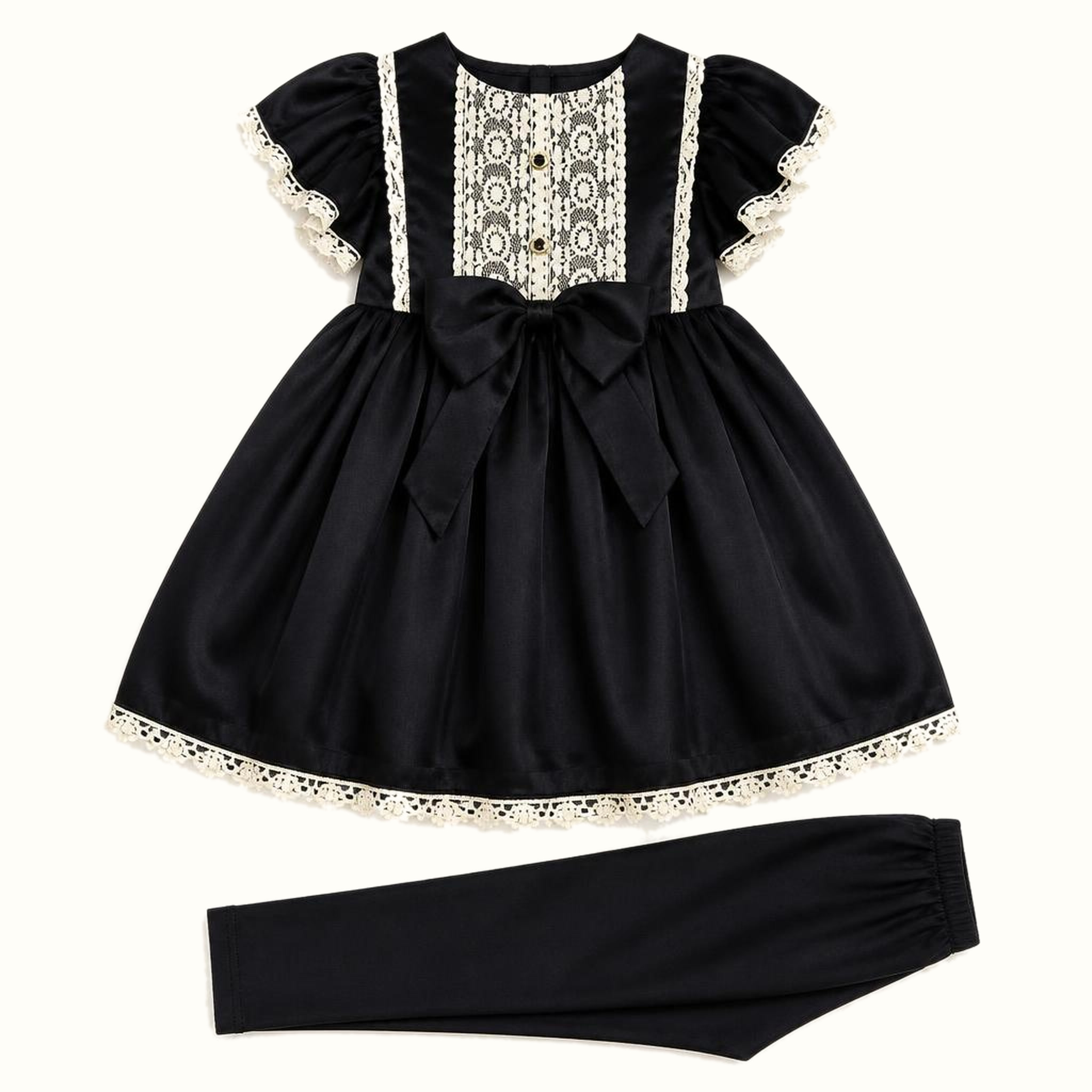 Girls' Lace Bib Bow Satin Dress Set - ZAH-1202