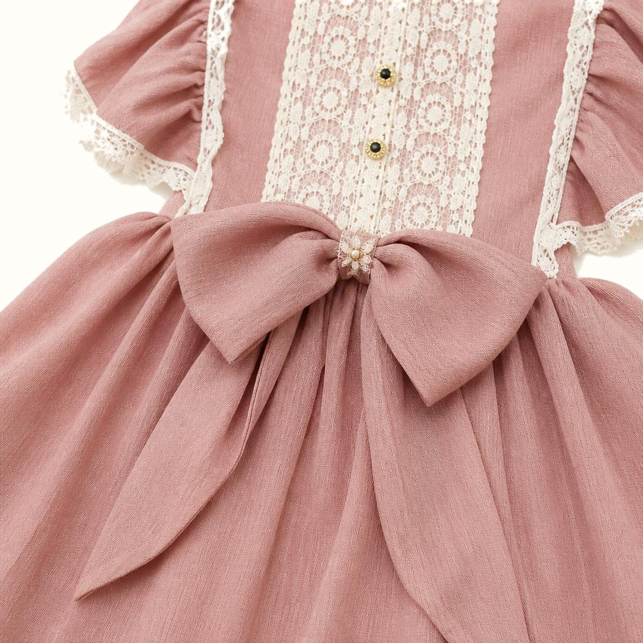 Girls' Lace Bib Bow Satin Dress Set - ZAH-1202