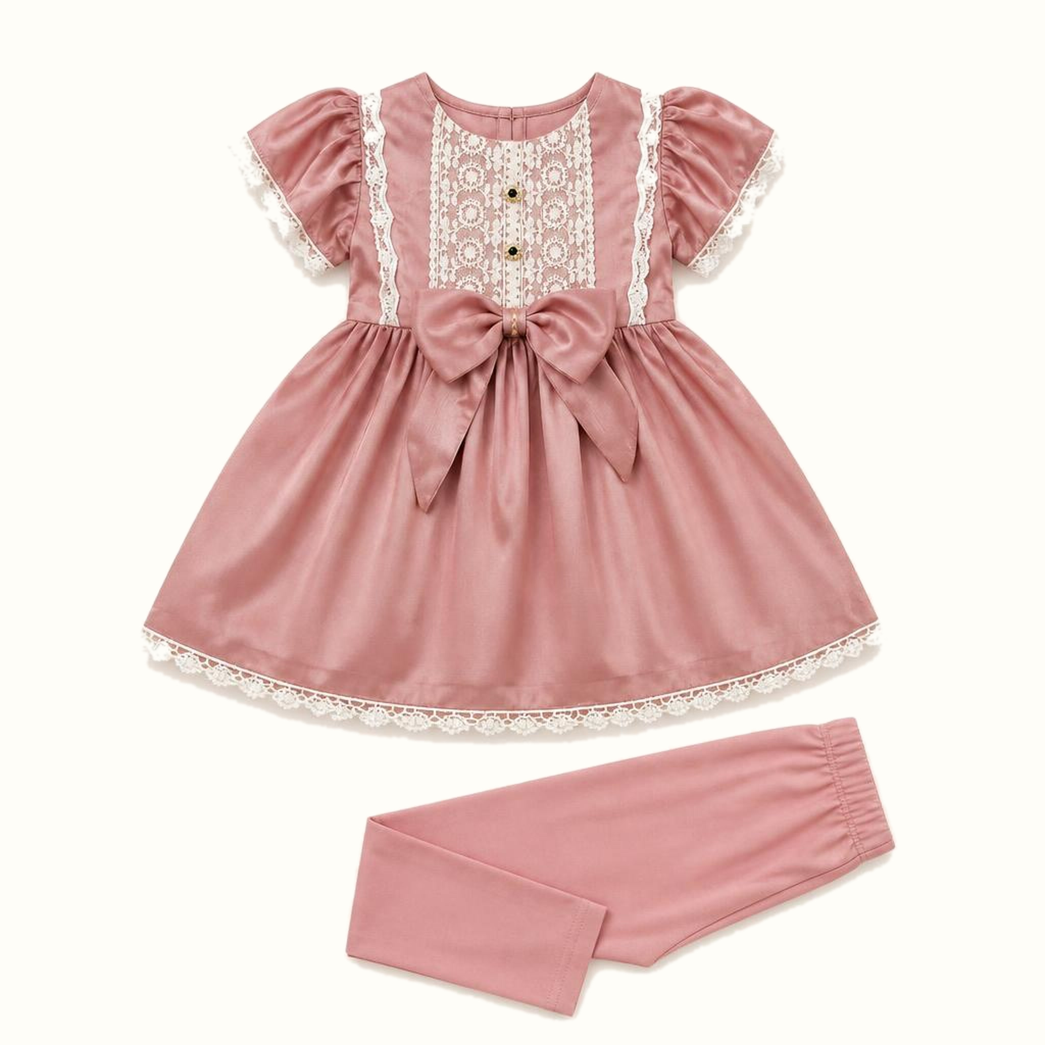 Girls' Lace Bib Bow Satin Dress Set - ZAH-1202