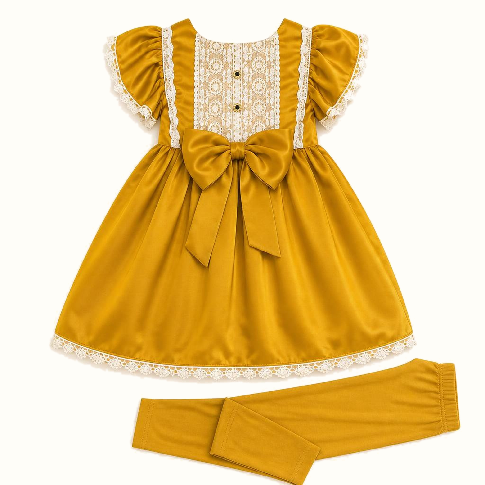 Girls' Lace Bib Bow Satin Dress Set - ZAH-1202