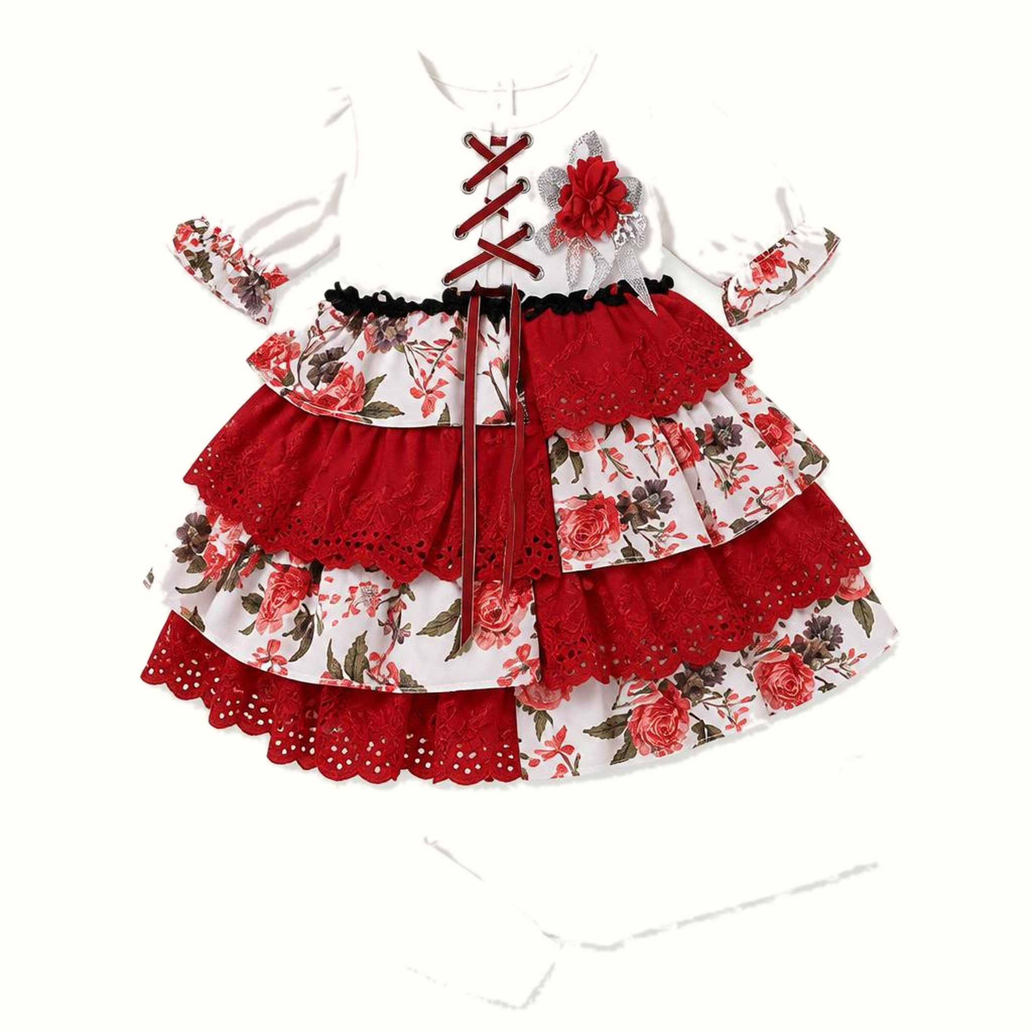 Girls' Corset Floral Asymmetric Tiered Dress Set - ZAH-1213