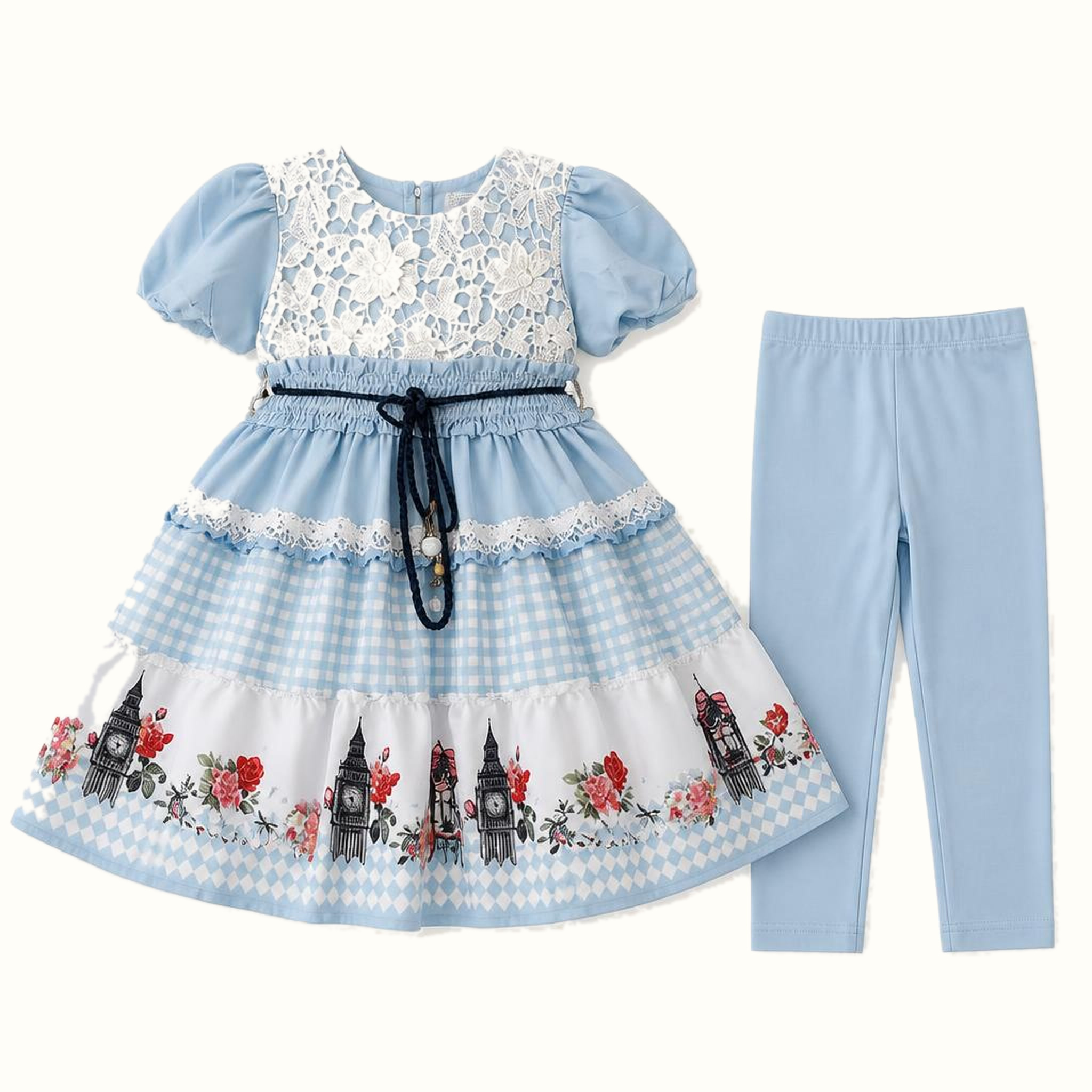 Girls' Lace-Panel Landmark-Print Dress & Matching Leggings Set - ZAH-1221